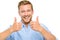 Happy man thumbs up sign full length portrait on white background