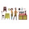 Happy man and woman barista wearing plaid shirts. Set with design elements of coffee shop equipment table, chair, cups