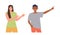 Happy man and woman cartoon characters pointing aside with index finger advertising something