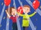 Happy man and woman celebrating with red balloons photo, best moments on pictures, portrait of family members vector