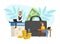 Happy Man and Woman Character Working in Office at Huge Briefcase and Dollar Banknote Earning Money Vector Illustration