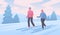 Happy man and woman cross country skiing. Active winter outdoor recreation. Vector illustration