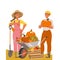 Happy Man and Woman Harvesting Standing Near Wheelbarrow Full of Ripe Agricultural Crops Vector Illustration