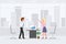 Happy man, woman office interior vector. Giving high five, successful report, smiling, hands up male, female cartoon character