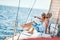 Happy man and woman relaxing on a luxury yacht. couple on cruise
