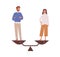 Happy man and woman stand on weighing dishes of balance scale vector flat illustration. Couple demonstrate gender