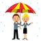 Happy man and woman under umbrella