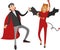 Happy man and woman wearing festive Halloween costume with creepy makeup dancing and parting vector icon