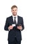Happy manager in formal style suit hold mobile phone and contact card for copy space, information