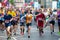 Happy Marathon runner cheering by public. Charity money raise. London