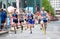 Happy Marathon runner cheering by public. Charity money raise.. London, UK