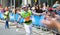 Happy Marathon runner cheering by public. Charity money raise.. London, UK