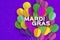 Happy Mardi Gras in paper cut style. Origami Carnival background with ballon. Colorful decoration for party, celebration