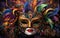 Happy Mardi Gras poster. Venetian masquerade mask with bright colourful feathers for women, front view. Sequin mask for carnivals