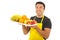 Happy market worker holding fruits