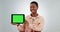 Happy, marketing and a black woman with a green screen tablet for communication, information or web. Laughing