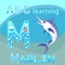 Happy marlin fish vector Blue striped marlin cartoon character Ocean life fauna Cheerful swordfish, billfish, sailfish mascot symb
