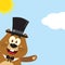 Happy Marmot Cartoon Mascot Character With Cylinder Hat Waving From Corner