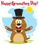 Happy Marmot Cartoon Mascot Character Wearing A Cylinder Hat And Welcoming With Text And Sunshine