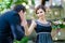 Happy marriage concept. Groom kissing brides hand