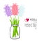 Happy Mather`s Day typography banner. Hyacinth in jar. Art spring pink, blue, violet flowers design element