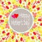 Happy Mather`s Day typography banneron on floral background. Lily of the valley, tulip, daffodil in jar. Art spring