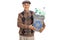 Happy mature man holding recycling bin full of plastic bottles