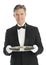 Happy Mature Waiter In Tuxedo Holding Serving Tray