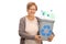 Happy mature woman holding recycling bin full of plastic bottles