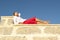 Happy mature woman lying on wall