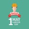 Happy may day lettering vector background. Labour Day logo with worker man. International Workers day illustration.