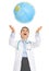 Happy medical doctor woman throws up globe