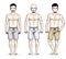 Happy men group standing in colorful beach shorts. Vector divers