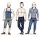 Happy men group standing in stylish sportswear. Vector diverse p