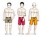 Happy men posing with athletic body, wearing beach shorts. Vector diverse people illustrations set.