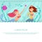 Happy mermaid and underwater life vector banner template