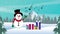 Happy merry christmas card with snowman and gifts