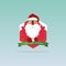 Happy Merry Christmas greeting card. Santa Claus red nose standing in front of Christmas badge. Holiday decoration. Vector.