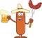 Happy Mexican Sausage Cartoon Character Holding A Beer And Weenie On A Fork
