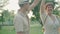 Happy mid-adult couple dancing at sunset in summer park. Portrait of positive smiling husband and wife dating outdoors