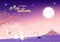 Happy Mid Autumn, cute rabbit cartoon and sakura falling with full moon, fantasy concept, invitation poster card festival