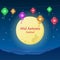 Happy Mid autumn festival banner with full moon and hang lantern at night time vector design