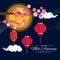 Happy Mid autumn festival banner with  full moon and hang red chinese lantern on tree at night time vector design