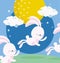 Happy mid autumn festival, jumping rabbits full moon clouds sky cartoon, blessings and happiness