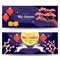 Happy mid autumn festival web banner design. Chinese celebration decorated with lantern, rabbit, moon cake, and moon.