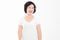 Happy middle age woman in summer blank template t shirt isolated on white background. Copy space. Mock up