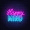 Happy Mind neon lettering on brick wall background.