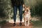 Happy mixed breed dog standing next to owner outdoors