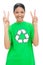 Happy model wearing recycling tshirt making peaceful gesture