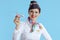 happy modern air hostess woman on blue